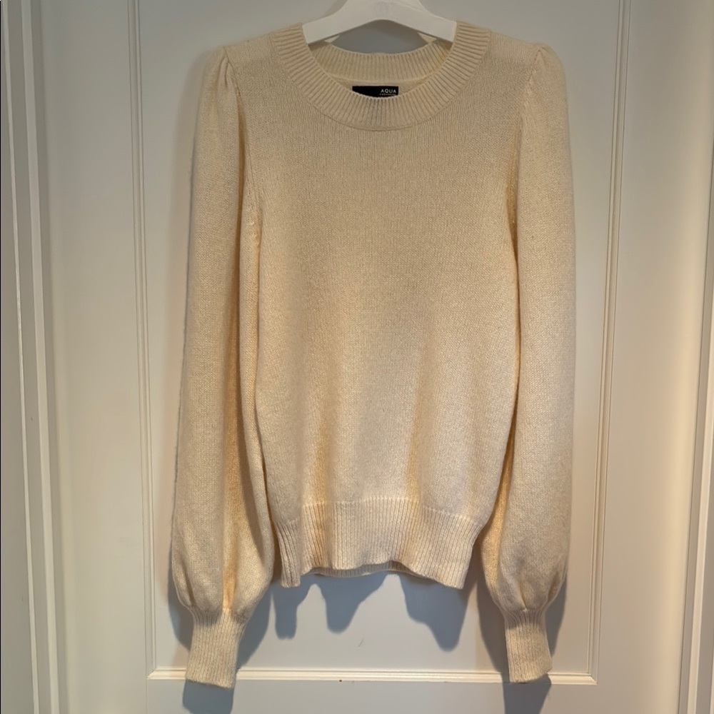 Aqua 100% cashmere crewneck sweater with puff sleeves